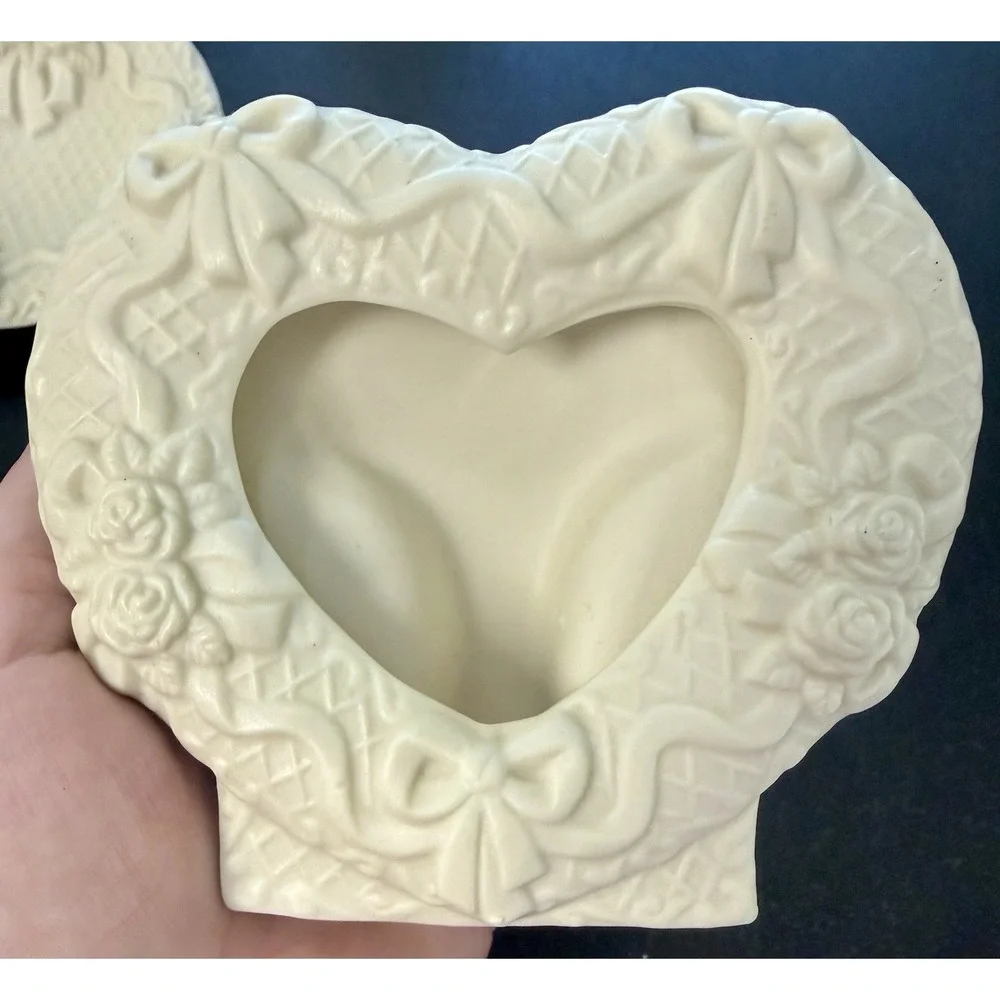 Vintage White Bisque Angel Candlestick Heart Photo Frames Trinket Dish Set
